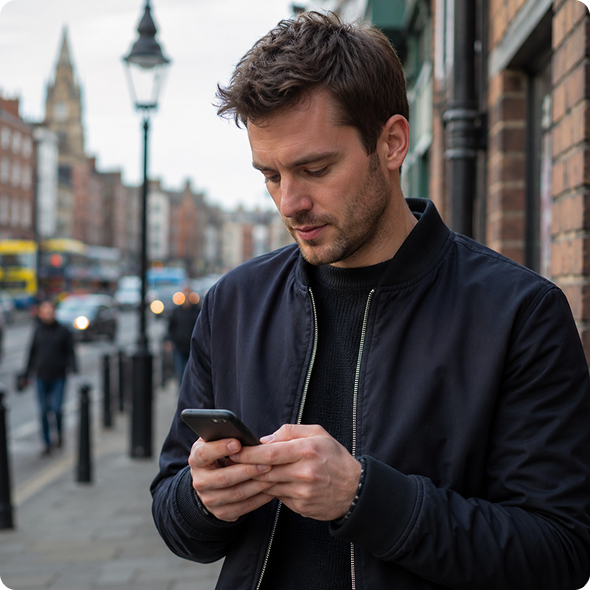 Man checking his phone on a city street while waiting for his car inspection